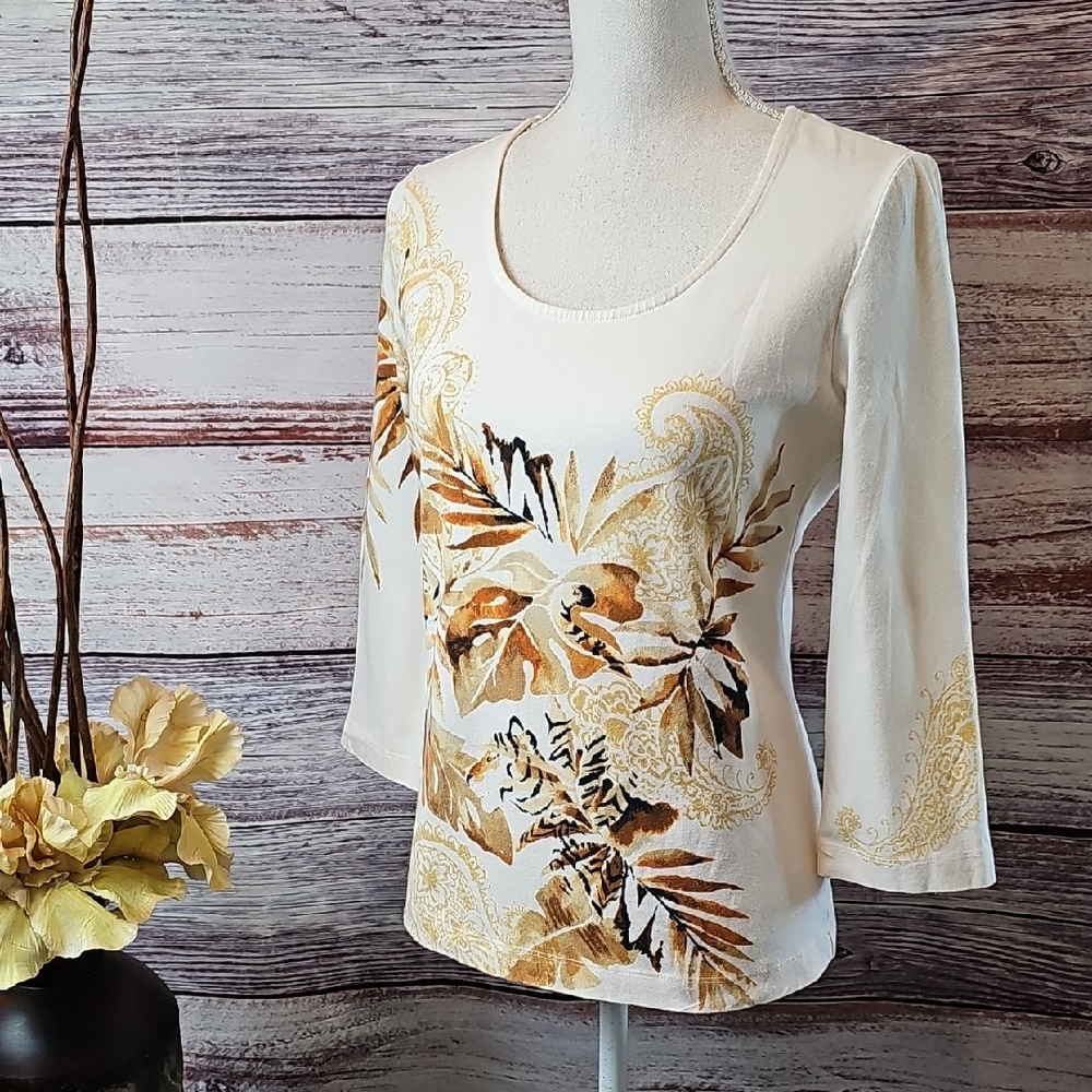 NEW CHICO'S BROWN & GOLD JUNGLE PRINT 3/4 SLEEVE PULLOVER TEE